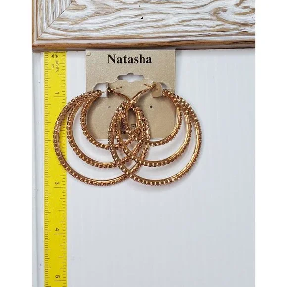 Natash Gold Tone Triple Hoop Pave Hoop Earrings - Picture 5 of 5